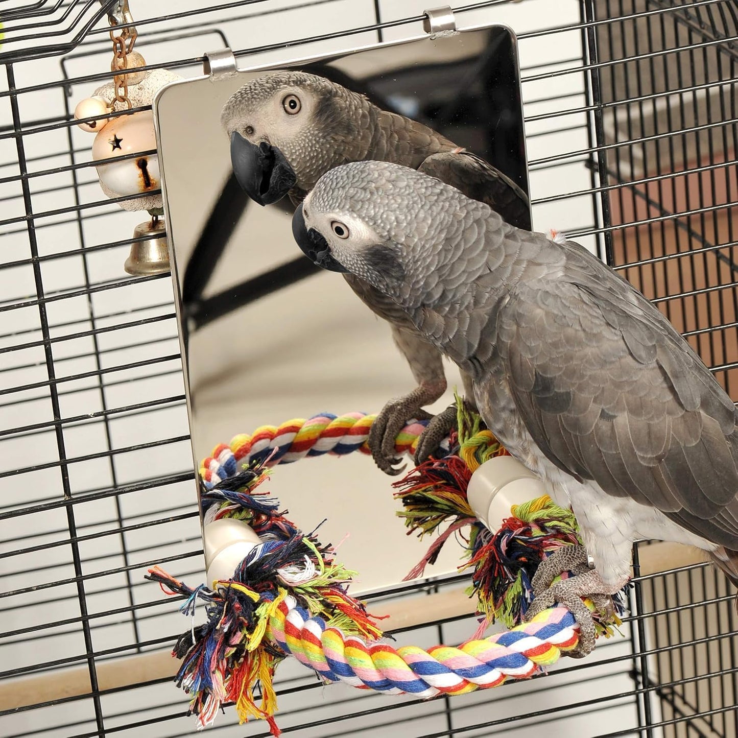9 Inch Stainless Steel Bird Mirror with Rope Perch, Bird Toys Swing, Comfy Perch for African Grey Parakeet Cockatiel Conure Lovebird Finch Canaries