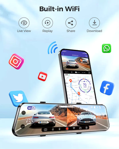 PG17 12" Wifi Mirror Dash Cam 4K Front and 1080P Rear View Mirror Camera for Cars Dual Camera Waterproof Backup Camera