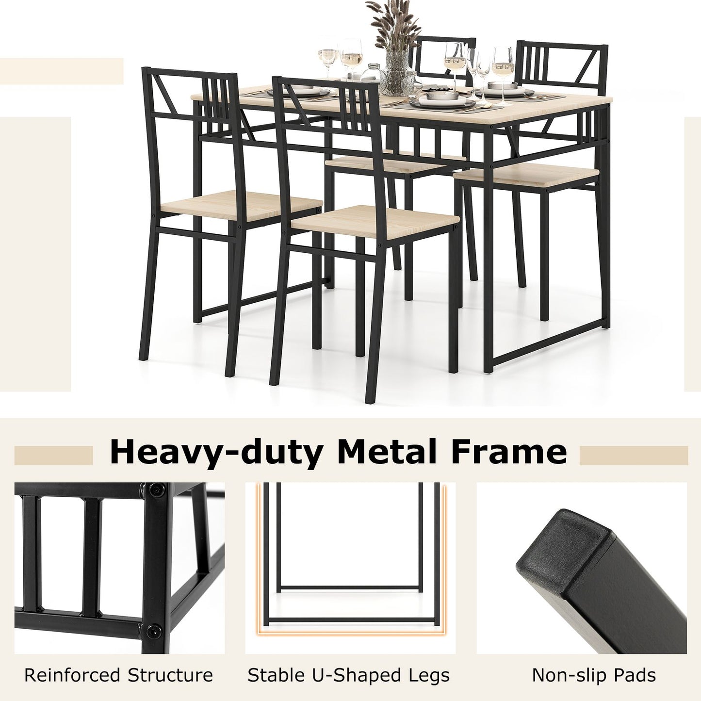 Industrial-Style Kitchen Table and 4 Chairs with Wood like Tabletop and Metal Frame