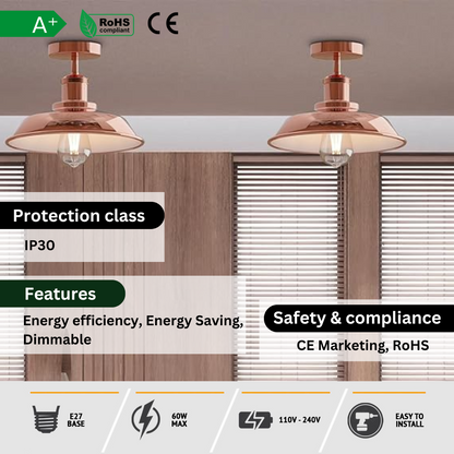 E27 Retro Semi-Flush Mount Ceiling Light – Copper Finish ~1927