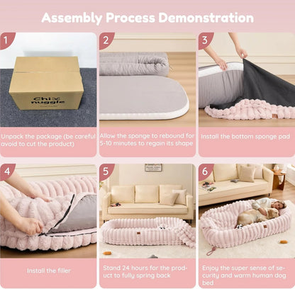 Human Dog Bed for Adult - Luxury Striped Faux Fur Giant Dog Bed with Portable Handle, Egg Orthopedic Foam Pad with Thick Warm Blanket, Pink