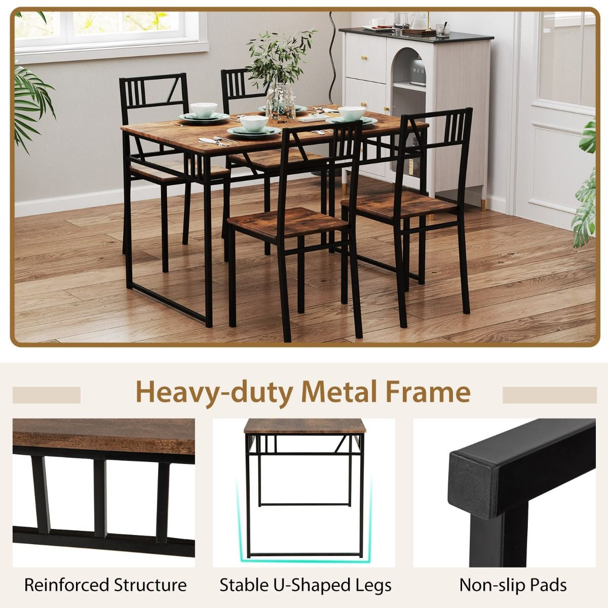 Industrial-Style Kitchen Table and 4 Chairs with Wood like Tabletop and Metal Frame