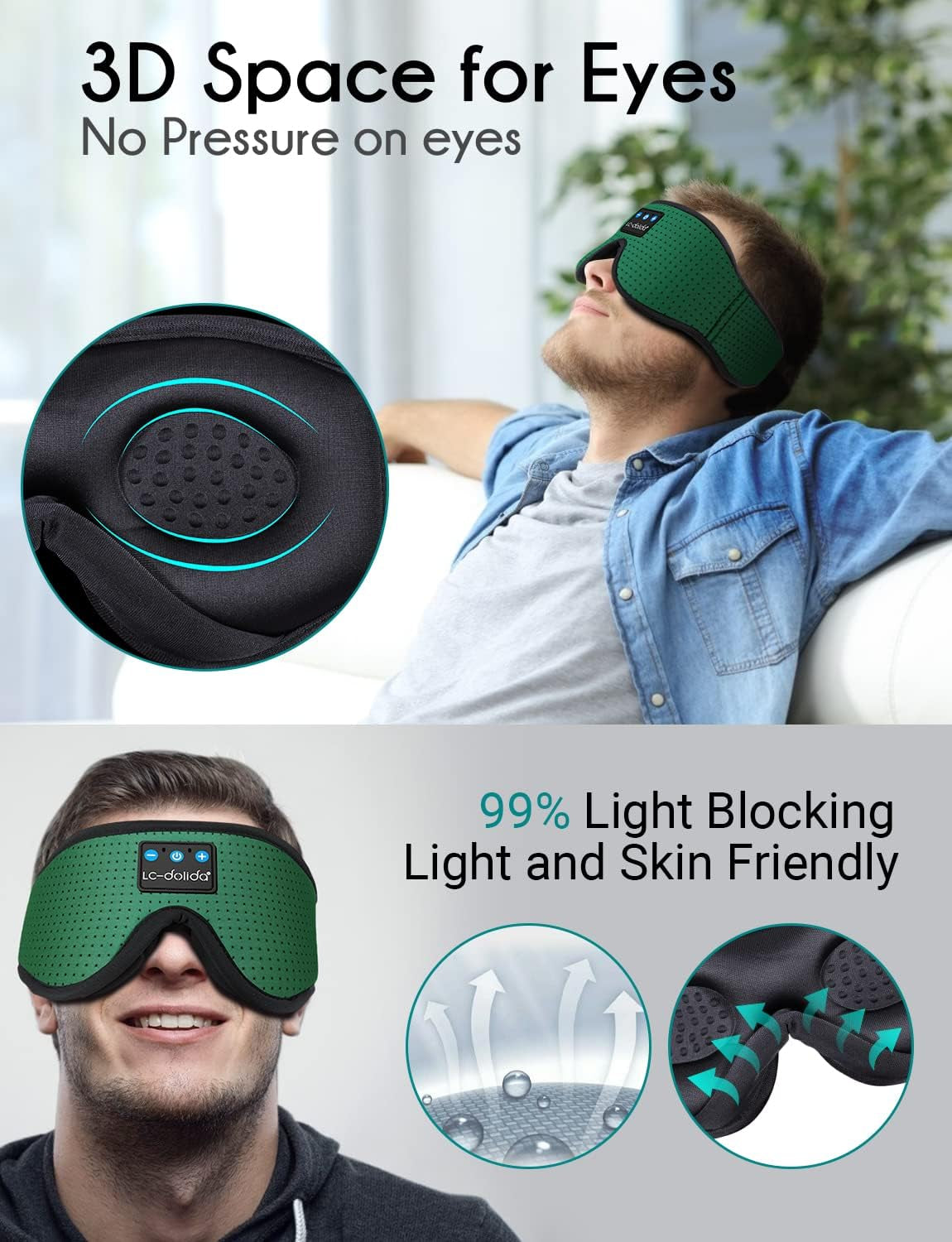 Sleep Mask with Bluetooth Headphones, Sleep Headphones Bluetooth Sleep Mask Breathable Sleeping Headphones for Side Sleepers Best Gift and Travel Essential (Green)