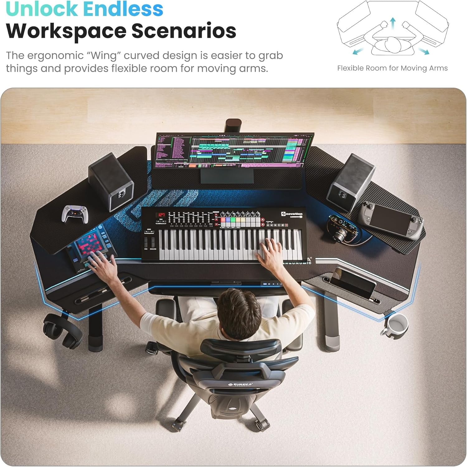 Gaming Desk, Standing Desk W Keyboard Tray, 72" Wing Shaped Music Studio Table with LED Shelves, Gaming Recording Live Stream, Slot Design