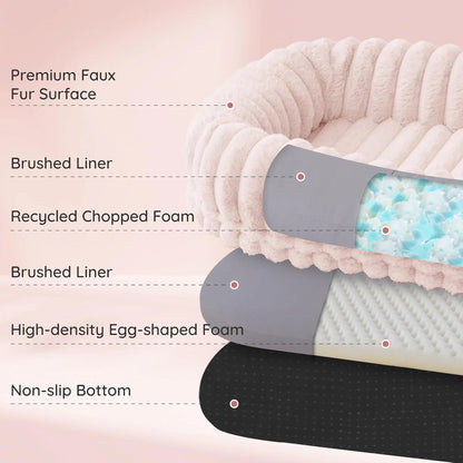 Human Dog Bed for Adult - Luxury Striped Faux Fur Giant Dog Bed with Portable Handle, Egg Orthopedic Foam Pad with Thick Warm Blanket, Pink