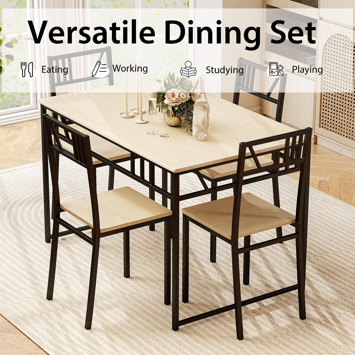 Industrial-Style Kitchen Table and 4 Chairs with Wood like Tabletop and Metal Frame