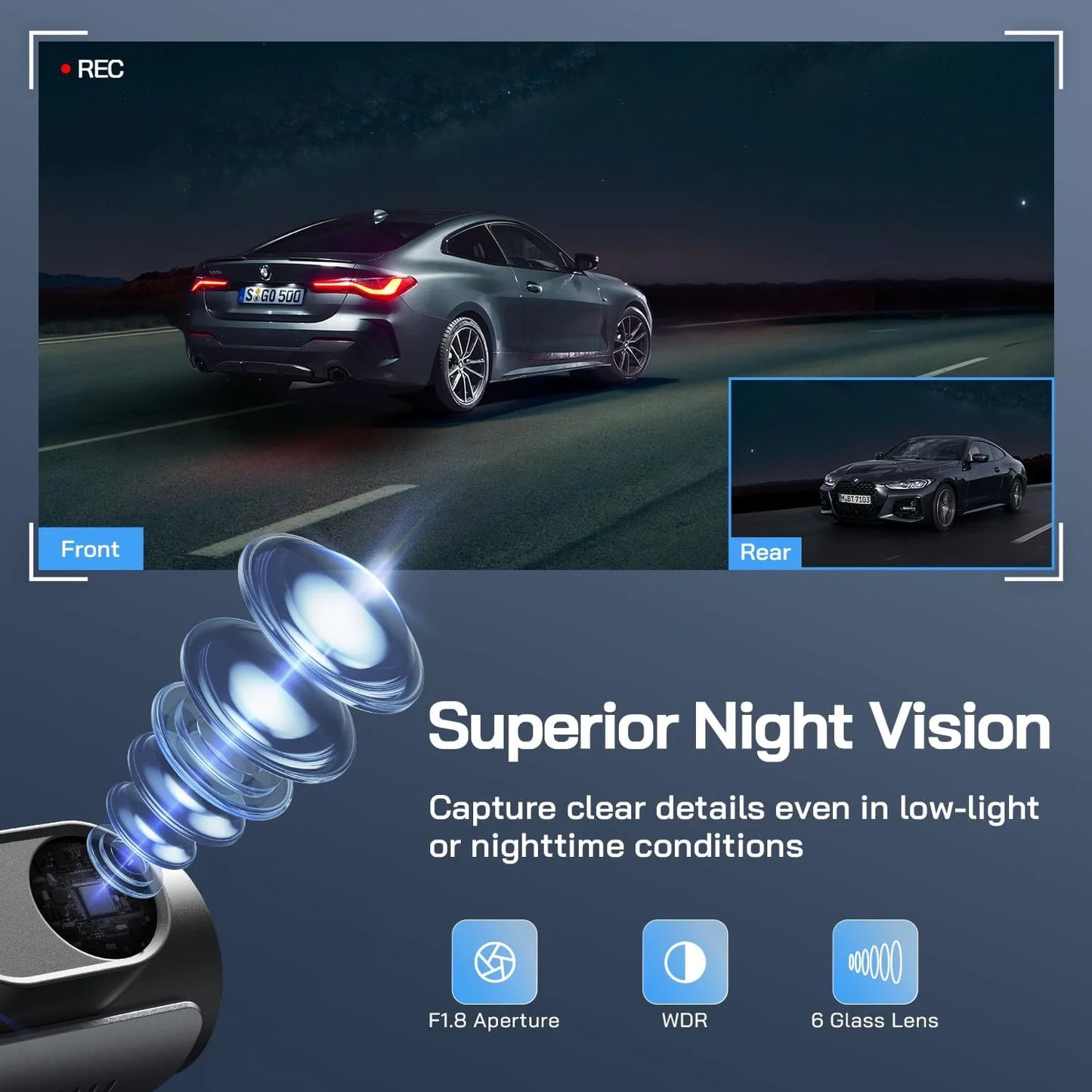 Dash Cam Front and Rear 4K Front 1080P Rear, Dual Dash Camera with 3" IPS Screen, 170° Wide Angle, Night Vision, G-Sensor, Loop Recording, Parking Monitor, Supports 128GB